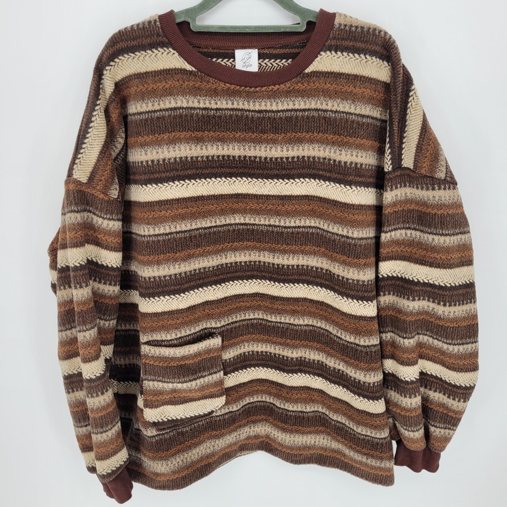 Vintage G Style Striped Knit Sweater Mens XL Earth Tone Crewneck grandpacore